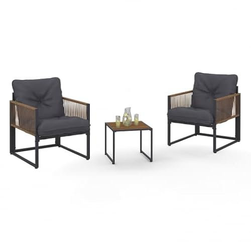 IDMarket - Lounge-Set Rio Tisch und 2 Sessel aus Metall, grau, Seil in dunkler Rattanoptik und graue Kissen