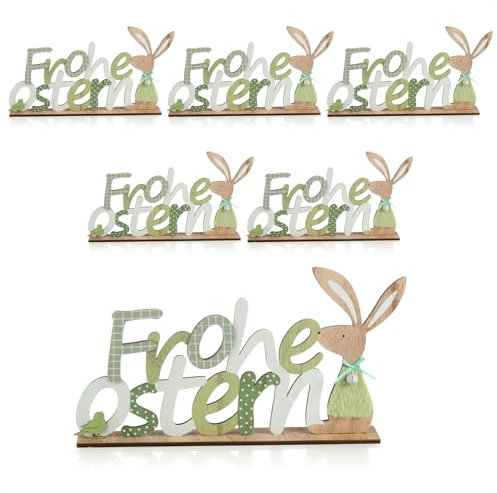 com-four® 6X Deko Aufsteller Frohe Ostern - Schriftzug mit Osterhasen - Osterdeko zum Hinstellen - Osterdekoration aus Holz mit Glöckchen (6 Stück - Hase und Vogel)