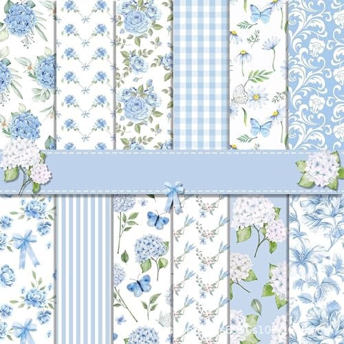 Scrapbook Papier 30x30 Scrapbook Bastelpapier mit Blumen Muster, Blau Scrapbooking Papier Frühling Motivpapier, 24 Blatt Doppelseitiges Dekorpapier für Journal Scrapbooking