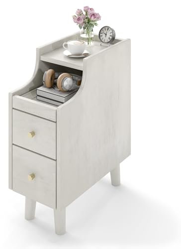 COSTWAY Slim Bedside Table, Solid Wood Nightstand End Sofa Side Table with 2 Drawers, Pull-out Tray and Cable Hole, Narrow Bedside Cabinet Storage Unit for Small Space, Living Room, Bedroom (1, White)