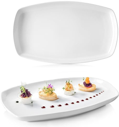 Sänger | Bilgola Servierplatten 2er Set – Porzellan Servierteller Weiß | rechteckige Teller mit abgerundeten Ecken 19 x 29,5 cm für Fleisch, Fisch & Snacks | Spülmaschinenfest | PREMIUM COLLECTION