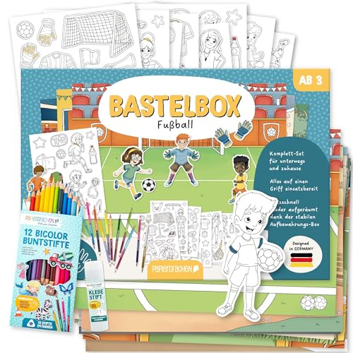 Papierdrachen Bastelbox Fußball - Komplettes Bastelset ab 3 Jahren - Inkl. Buntstifte & Kleber - Kreatives Geschenk für Kinder & Fußballfans