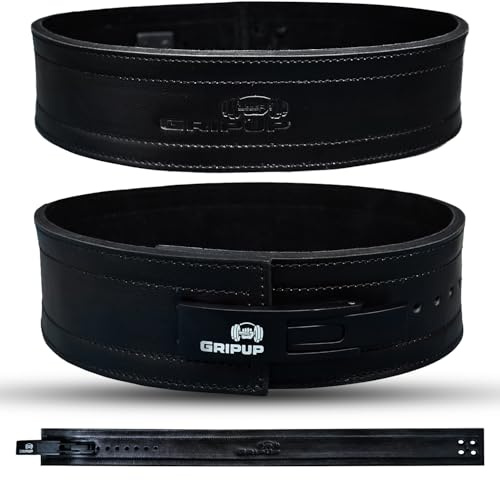 GripUp 10mm Powerlifting Belt – Genuine Leather 4 Weight lifting Belt with Heavy Duty Lever Buckle for Squats, Deadlifts, Gym, Fitness, Bodybuilding – Lumbar Back Support for Men & Women (Black, XL)