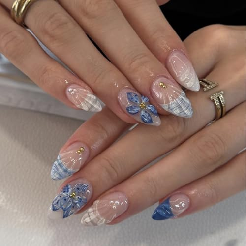 24PCS Blue 3D Press on Nails Medium Almond - Summer 3D False Nails Stick on Nail with Floral Designs - Full Cover Cute Acrylic Blue Glue on Nails Fake Nails Set for Women Girls