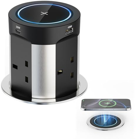 Pindus Pop Up Sockets for Kitchen Worktops, 15W Wireless Charging, Ø100 mm | 4 UK Plug Sockets, Recessed Design, 2 USB-C + 2 USB-A, 75W Total USB Power, 1.8 m Cable, Black, for Office and Desk