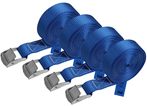 Zurrgurt Spanngurt belastbar bis 250 kg DIN EN 12195-2 Befestigungsgurt Klemmverschluss Befestigungsriemen blau verschiedene Längen Stückzahlen, 4er Pack 2.5 cm x 6 m