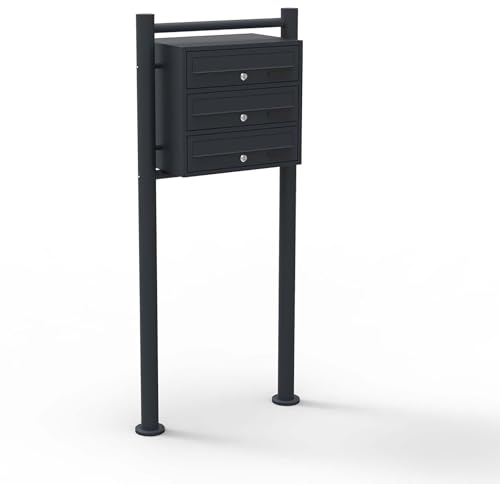 Wiltec 3er Briefkastenanlage schwarz 513 x 270 x 1150 mm, Standbriefkasten mit 3 Fächern, Schlüssel und Namensschild, Briefkasten Postkasten mit Ständer