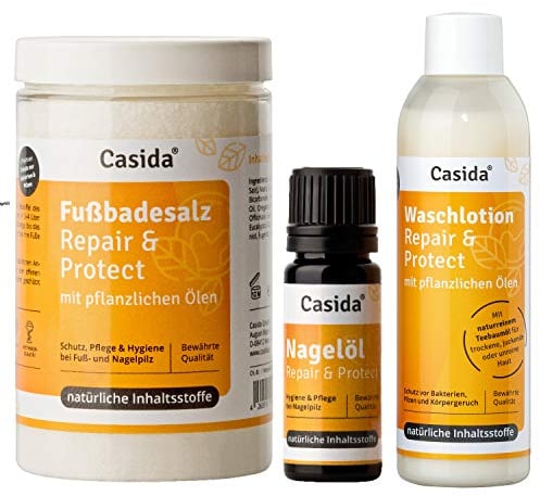 Nagelöl Repair & Protect + Fußbadesalz + Waschlotion Set zur Hygiene und Pflege für Haut, Füße und Nägel