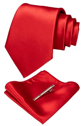 JEMYGINS Cravate Homme Rouge en Soie Brillant Tissu doux Mariage et Pinces à cravate et Carre de poche Ensemble Compris boîte(9)