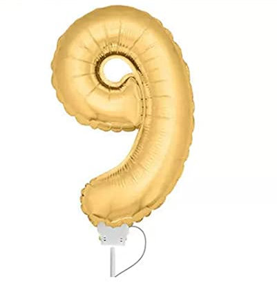 WOOOOZY Folienballon Zahl 9 am Stab, ca. 36cm, Gold