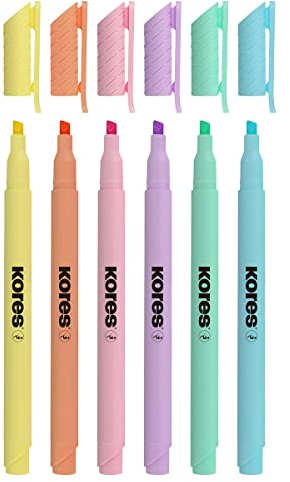 Kores - High Liner: Dünne Pastell Textmarker-Stifte, Keilspitze und Wasserbasierte Tinte, Schul- und Bürobedarf, Set aus 6 Sortierten Farben, Mehrfarbig