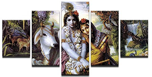 XSHUHANP Kunstdrucke Auf Leinwand Bilder Für Wohnzimmer Rahmen 5 Stücke Indien Mythos Lord Krishna Vishnu Malerei Modulare Wandkunst Poster Wohnkultur