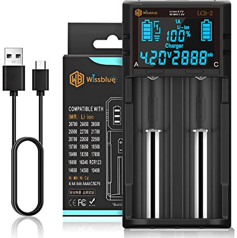 WISSBLUE LCD2 2Bay Universal 18650 Battery Charger,Rechargeable USB Intelligent Charger For 18650 and AAA AA Rechargeable Batteries (2 ports)