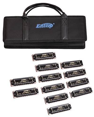 Harmonica Set 12 key blues harp 008K Professional Diatonic Harmonicas 10 Holes 20 Tones Harmonica for Professional Player,Beginner,Students with Black Gift Bag (black-12 keys)