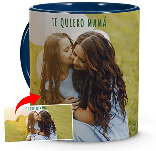 Taza Personalizada con Foto y Texto. Productos Personalizados. Regalos Personalizados Originales. Regalos Originales para Chicas Jóvenes. Tazas de Café Personalizadas. Interior y Asa Azul Oscuro