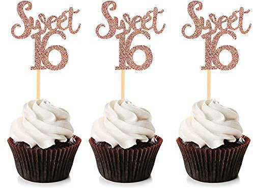 Unimall Global 24 Stück Rose Gold Glitter Sweet 16 Cupcake Topper 16 Geburtstagstorte Topper Decor Picks für Kinder Mädchen Geburtstag Party Jubiläum Party Dekoration Zubehör