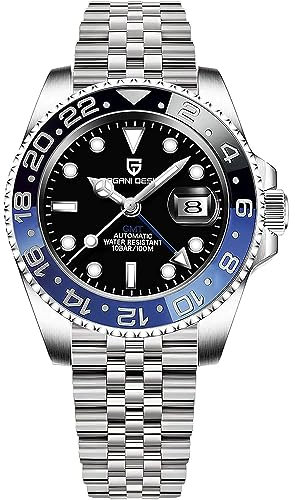CADISEN Pagani Design Herren Automatik Mechanische Uhr Top Marke Edelstahl Saphirglas Taucheruhr Sport Geschenk Reloj Hombre 1662 GMT, Jubilee schwarz blau, Mechanisch