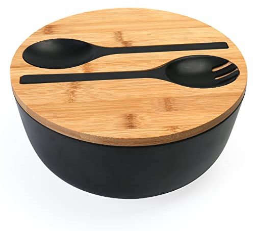 ShineMe Black Salad Bowl Set, 9.8inches Large Bamboo Fiber Salad Bowl With Lid and Utensils(Spoon & Fork), Solid Mixing Bowl For Serving Pasta, Fruits, Vegetables, Bread and Chips