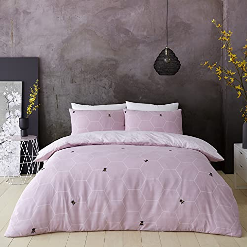 GC GAVENO CAVAILIA Printed Duvet Cover Sets, Reversible Bedding Bed Set, Polycotton Quilt Covers, Bee Happy-Blush Pink, King