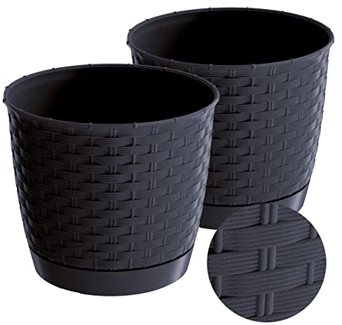 Tymar Blumentopf mit Untersetzer, 2er Set, Übertopf aus Kunststoff, Runde Rattan-Optik RR01 (Anthrazit, ø 30 cm)