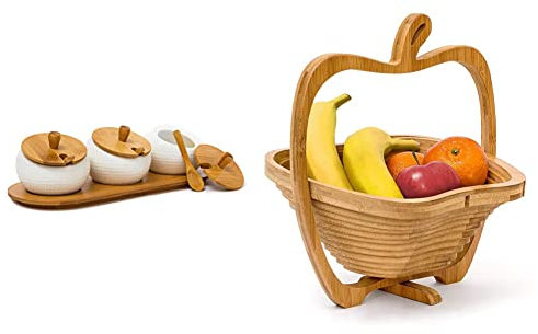 Relaxdays Gewürzhalter JIAO aus Keramik und Bambus, 8,5 x 30,5 x 12 cm Gewürzdosen mit Deckel und Halter, natur & Faltkorb Apfel, 30 x 27 x 22,5 cm Klappkorb aus Bambus, natürlich braun