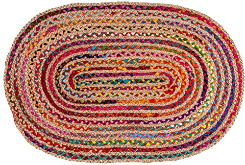 Chindi-Flickenteppich aus Baumwolle – Boho-Bauernhaus-Überwurf-Teppich, handgewebt, wendbar, natürliche recycelte Baumwolle, Wohnzimmer, Arbeitszimmer, Heimdekoration, Geschenk, 60 x 90 cm, oval