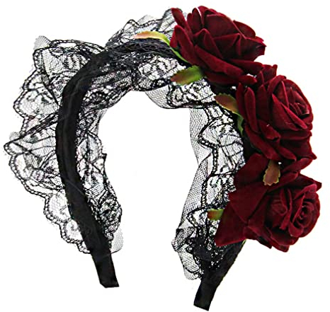YAZILIND Frauen Mädchen Blume Stirnband Schwarze Spitze Gothic Party Halloweenach Weihnachten Foto Requisiten (Weinrot)