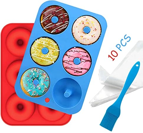 Silicone Doughnut Baking Mould Donut Maker: 2 Pack Donate Baking Mould, 10 Disposable Piping Bags, 1 Silicone Brush - Muffin Baking Moulds for Cakes, Biscuits, Muffins, Cupcakes, Bagels