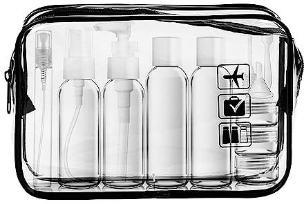 LECUNE Transparenter Kulturbeutel mit Reiseflaschenset, 13 Stück Reisen Flaschen Set(100ml) und 1 Stück Plastikbeutel für Flüssigkeiten zugelassen (20x20cm),Flughafen-konforme Tasche,Reisezubehör