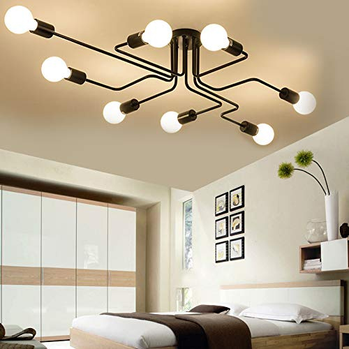 Finktonglan Industrielle Sputnik Deckenleuchte, moderne 8-Licht Halbbündig Mount Leuchte mit mattschwarzem Finish Metall Hängeleuchte für Esszimmer Bett Küche Wohnzimmer