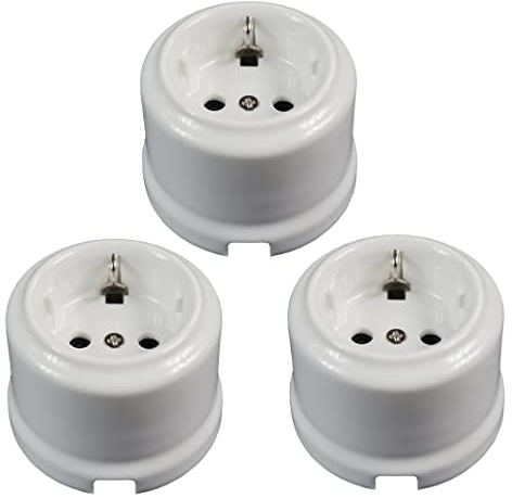 3 Schuko Steckdosen Porzellan weiß mit Erdung und Kinderschutzsystem, Porzellan, 16 A, 250 V