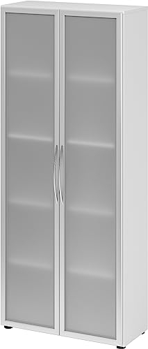 bümö Mehrzweckschrank 80cm breit, Aktenschrank o. Schuhschrank hoch, Milchglastüren Schrank, Küchenschrank in Weiß/Silber aus Holz, Vorratsschrank & Haushaltsschrank mit Metallgriffen