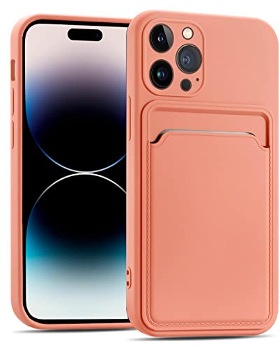 CoolGadget Handyhülle mit Kartenfach für iPhone 14 Pro Max Rosa | Silikon Case mit Kartenhalter auf der Rückseite, stoßfest, erhöhter Kameraschutz, dünn