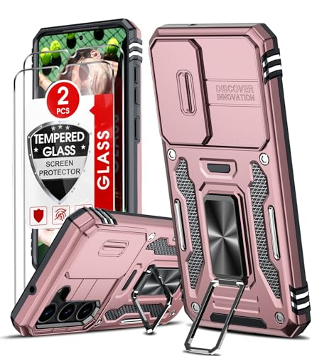 LeYi Coque pour Samsung S23 5G(Pas S23 FE) Antichoc avec Protection Caméra Coulissante,2*Verre Trempé,Étui de PC Dur et TPU Silicone Militaire Anti-Rayures Coque Samsung Galaxy S23 Anneau-Or Rose