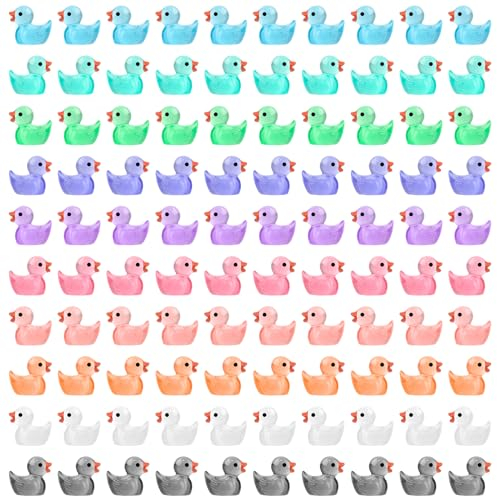 FIHODONE 100 Stück mini Enten Bunten Noctuluzentes Licht,Kleine Enten Resin,10 Farben Ente Minifiguren,Mini Badeenten Deko,Duck Mini Figuren für DIY Aquarium, Garten,Topfdekoration,Puppenhaus