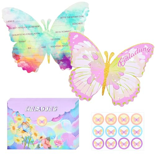 Dereine Mädchen Schmetterling Party Einladung, 12 Stück Einladungskarten Kindergeburtstag Mädchen, Einladung Geburtstag Schmetterling mit Umschlag und Siegelaufkleber