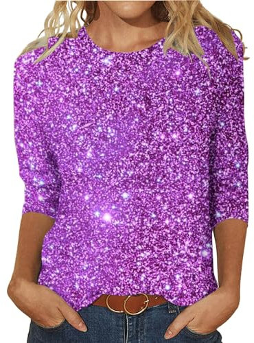 Pailletten Oberteil Damen Langarm rot Damen-T-Shirt mit Pailletten-Design, dreiärmelig, runder Ausschnitt, modisches Oberteil Glitzer Oberteile Damen Party Langarm (White, XXXXXL)