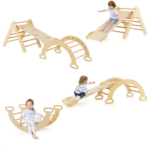 LIFEZEAL Kletterdreieck mit Rutsche, 7 in 1 Klettergerüst Set aus Buchenholz Indoor, Kletterbogen & Kletterleiter, Sprossendreieck Kletterspielzeug ab 1 Jahre (Natur)