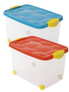 MAURY'S Set 2 Contenitori Multiuso Con Ruote e Coperchio Trasparente di colore Rosa e Celeste 55 Lt. 60L x 40P x 36H cm Vestiti, Organizer, Giocattoli (Set 2 con Ruote Celeste e Rosa (60x40x36 cm))