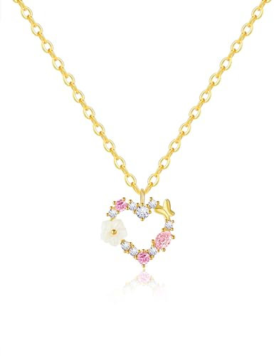 Mesovor Niedliche Gold Blumen Kette für Damen und Mädchen, 18 Karat Vergoldete Anhänger-Halskette mit Hübschen Bunten Blumenperlen für Partys und Hochzeiten (Gold-Liebe)