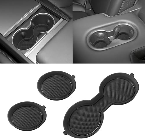SENSHINE Cup Holder Inserts Liners for Tesla Model 3 Accessories 2021-2023 for Model Y 2021-2024 Center Console Cup Holder Coasters Protector Mats Pads Silicone 3Pcs (Black Trim)