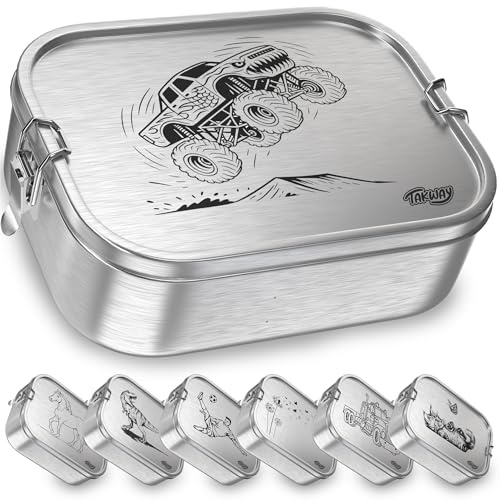 TAKWAY Edelstahl Brotdose mit Fächern 800ml – Auslaufsichere Lunchbox für Kinder & Erwachsene, Bento Box mit Unterteilung (Monstertruck, Trennsteg)