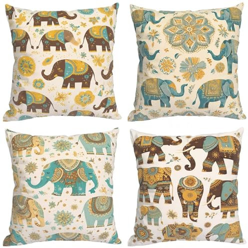 Kissenbezug 40x40cm 4er Set Outdoor Kissenbezüge weich Dekokissen Kissenbezüge Brauner Elefant Quadrat Kissenbezug für Sofa Wohnzimmer Schlafzimmer Outdoor Stuhl Sommer Deko Kissenbezug Geschenk WT-67