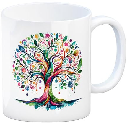 Lebensbaum Kaffeebecher Lebensbaum Tasse - Familienliebe und Stärke im bunten Aquarell-Look der farbenfrohe Baum inspiriert von der Schönheit der Natur