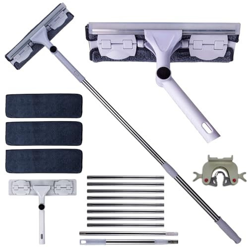 4m (13 ft) 2-in-1 Window Cleaning Equipment with Long Handle, 25 cm Window Squeegee with extra 4 Cloths, Window Cleaning Kit with 10 Poles, Window Cleaner for Outdoor Home Commercial Use (White)