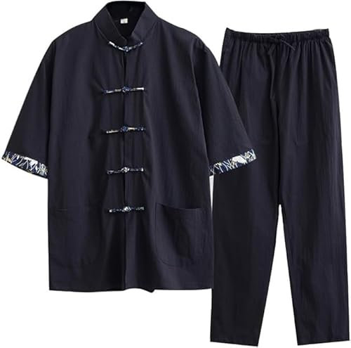 Traditioneller chinesischer Tang-Anzug, Kung-Fu-Hemd aus Baumwollleinen, Kampfsportanzug, kurzärmliges Hemd und Hose, lockere Shaolin-Tai-Chi-Kleidung in Übergröße, Wing-Chun-Uniform(Black,XXXXXXX-Lar
