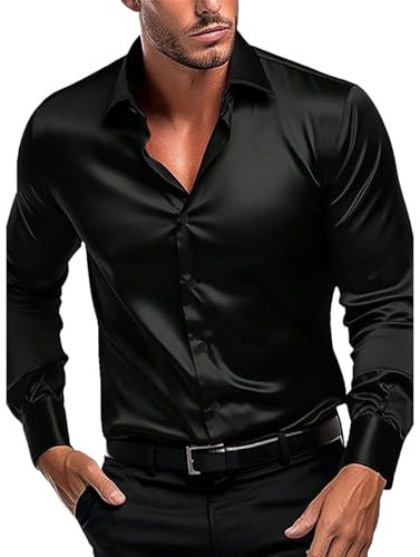 Chemise habillée pour homme adulte, chemise à manches longues en satin, chemise boutonnée brillante, coupe ajustée, sans repassage, chemise formelle infroissable pour fête de mariage, Noir , M