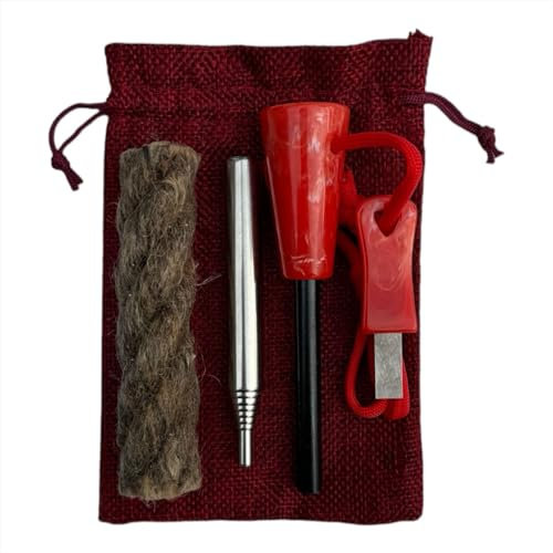 Feuerstahl Survival Outdoor Set 6-Teilig, Zunder für Feueranzünder, Feuerstahl mit Griff, Teleskop Blasrohr im Transportbeutel, Paracord Band, Feuerstein Survival Abenteuer Rot