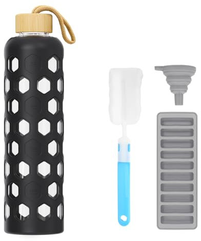 Luxgola 32 oz Glass Water Bottle with Bamboo Lid, Reusable Clear Drinking Bottles with Silicone Sleeve and Time Marker, Motivational Glass Tumbler with Funnel and Ice Tray, BPA Free (Black-1 Pack)
