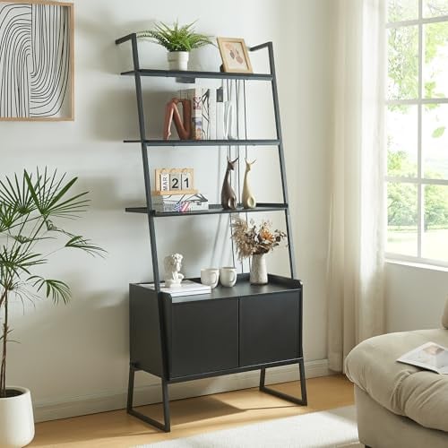 [en.casa] Scaffale a Scala con 3 Ripiani e Armadietto Libreria Mobile Espositore Multifunzionale con 2 Ante a Forma di Scala 183,5 x 80 x 40 cm per Casa Ufficio - Nero